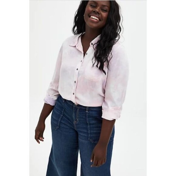 Torrid Pink Tie Dye Twill Button Up Shirt - Picture 1 of 8